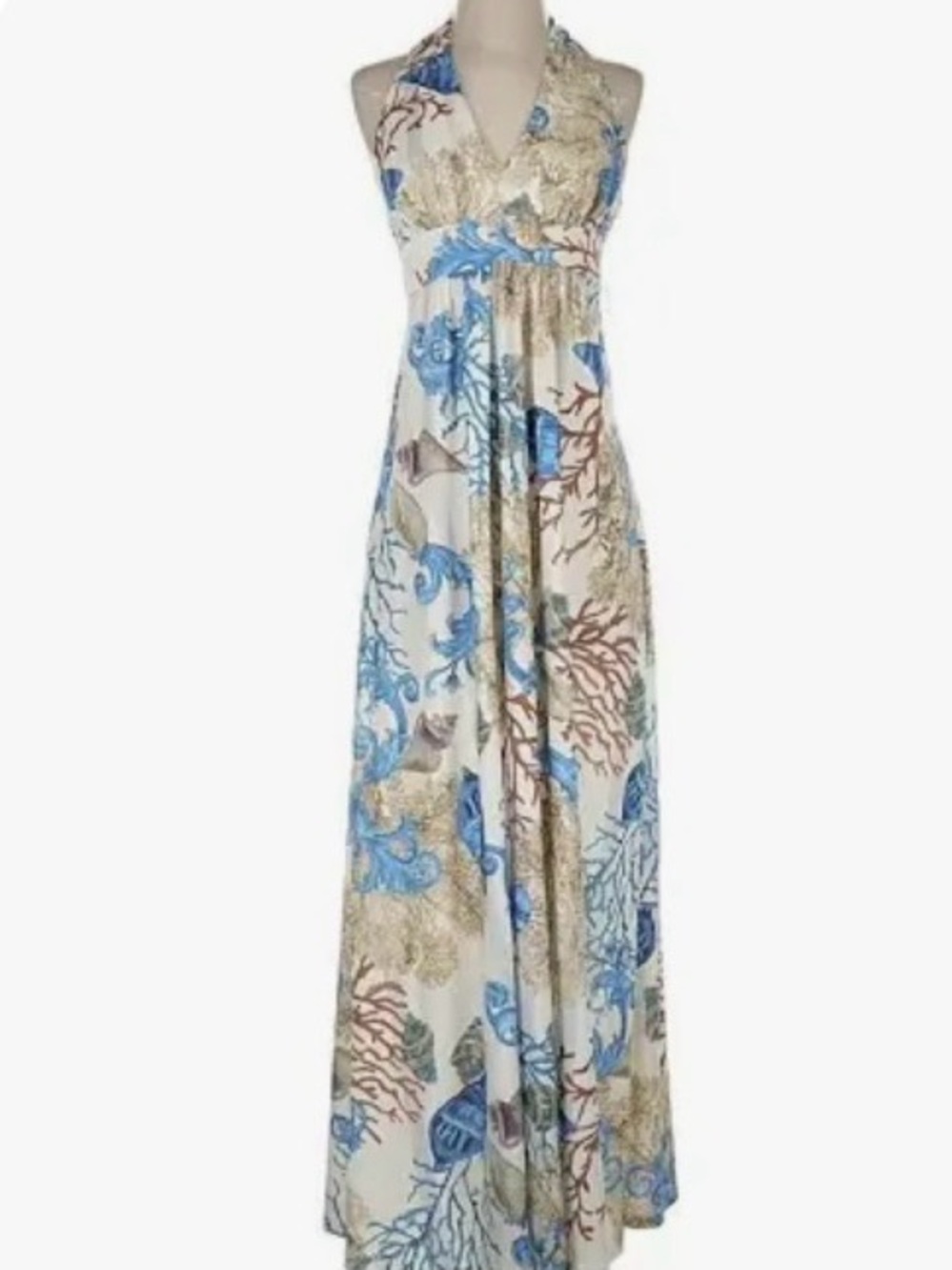 Boston Proper Cream Maxi Dress with Blue Coral sea shell Print - Picture 4 of 10